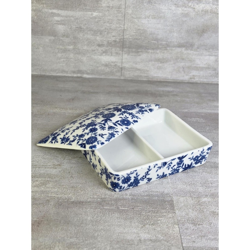 VTG Japan Blue & White Porcelain Divided Trinket Box Chinoiserie By Andrea Sadek